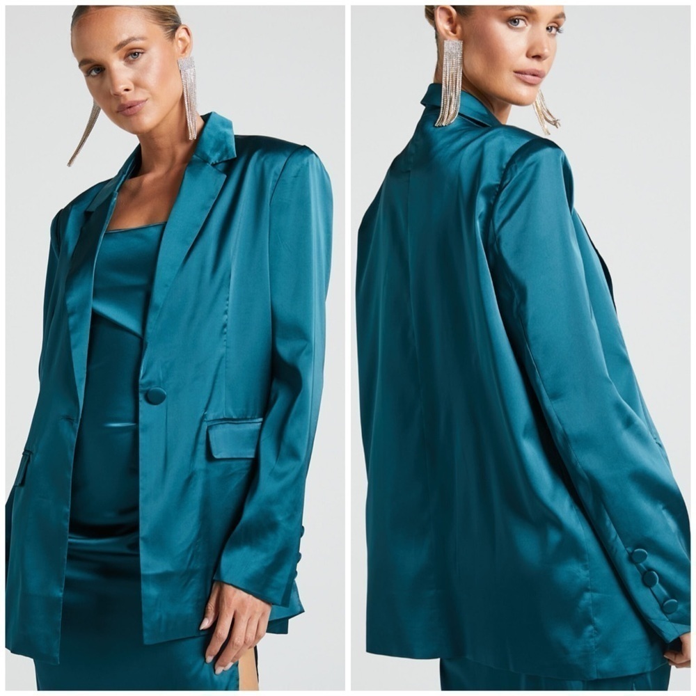Showpo HAYIEN BLAZER SINGLE BREASTED LONGLINE SATIN BLAZER TEAL Sz 4 NWT
